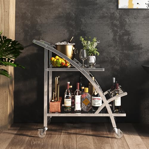 MINPINSER Bar Cart, 2-Tier Chrome & Glass Serving Cart with Wheels, Modern Home Bar Serving Cart for Kitchen, Living Room, Dining Room with Drink Storage & Wine Rack