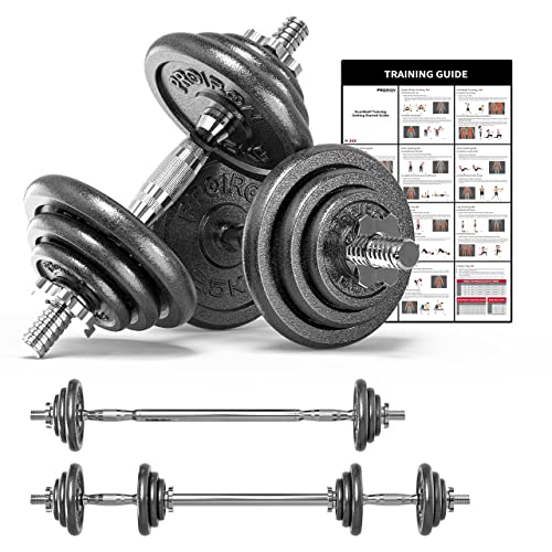 PROIRON 44Lbs Cast Iron Adjustable Dumbbell Set Hand Weight with Solid Dumbbell Handles Changed into Barbell Handily Great for Bodybuilding Fitness Weight Lifting Training Home Gym