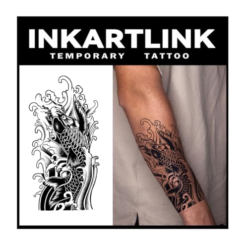 INKARTLINK Tattoo Tech,2 Sheets Extra-Large Semi Permanent Tattoo,Adult Art Design Temporary Tattoos, Lasts 1-2 Weeks, Waterproof, Realistic look, No Adhesive, No reflection (Koi Fish Design?