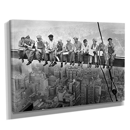 Lunch Atop Skyscraper - Premium Design Painting Picture Canvas Wall Art Home Decor. Ready to Hang. Made in USA (45in x 30in Gallery Wrapped, Black/White Lunch ATOP of A Skyscraper)