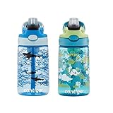 Contigo Aubrey Kids Dinos & Sharks, Cleanable Water Bottle with Silicone Straw, Spill-Proof Lid, Dishwasher Safe, 14oz, 2-Pack