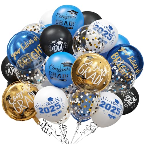 GuassLee Graduation Blue and Gold Balloons 2025 - Grad Latex Confetti Balloons with Congrats Grad Foil Balloons for Graduation Party Decorations Supplies, 60Pcs