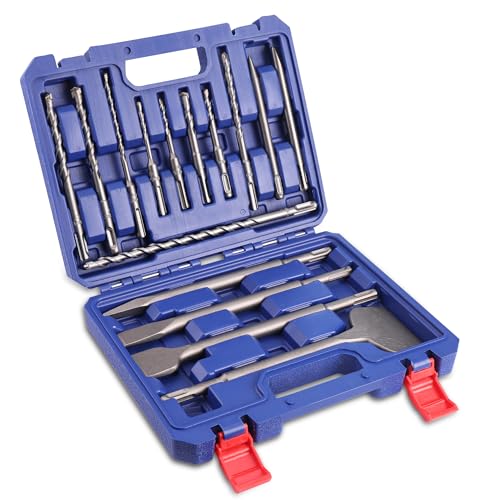 WORKPRO 16-Piece SDS-Plus Rotary Hammer Drill Bits and Chisel Set, Carbide-Tipped Masonry Drill Bits and Chisels for Concrete, Stone, Brick, with Storage Case