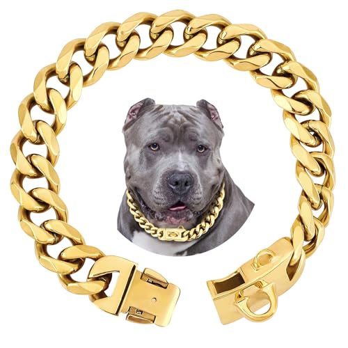 BAOBOTE 19mm Cuban Link Dog Collar with Secure Snap Buckle for Large Pitbulls (20" Gold)