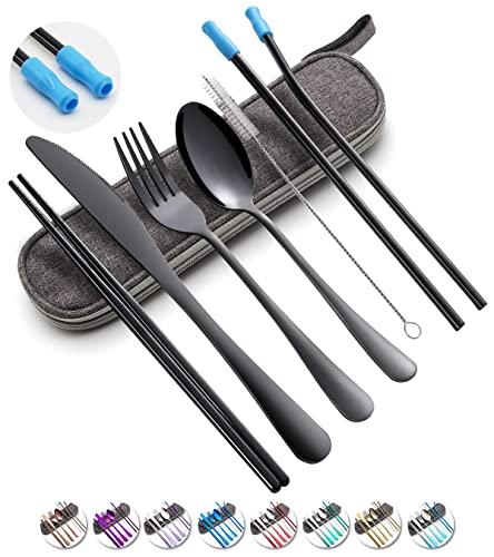 Travel Utensils Set with Case Reusable Portable Cutlery Set Stainless Steel 8pcs Including Dinner Knife Fork Spoon Chopsticks straws(Black)
