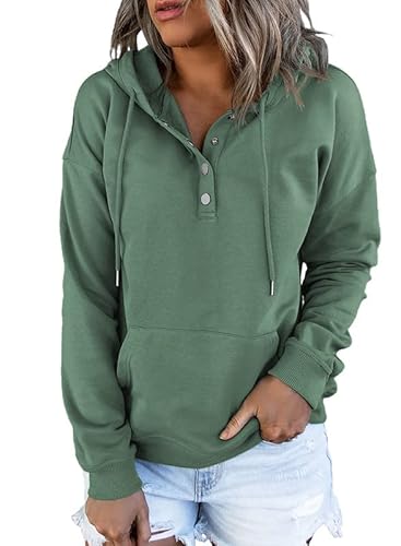Dokotoo Hoodies For Women Drawstring Long Sleeve Front Button Collar Hooded Pullovers with Pockets Winter Sweatshirt Loose Fit Casual Ladies Fall Shirt Tops X-Large Green