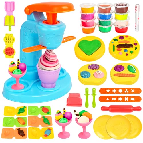 SANCO Playdough - 45Pcs Ice Cream Dough Maker Set with 12 Colors Clay Dough, Kitchen Creations Toy Food Playdough Sets for Kids 3-8 , Birthday for Boys & Girls