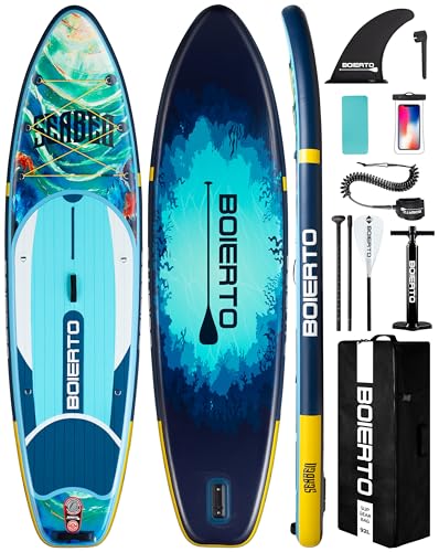 BOIERTO Inflatable Stand Up Paddle Board 10'8“*34", Extra Wide Paddle Boards for Adults, SUP with Premium Accessories & Nylon Backpack, Adjustable Paddle, Hand Pump, Bottom Fin, Leash