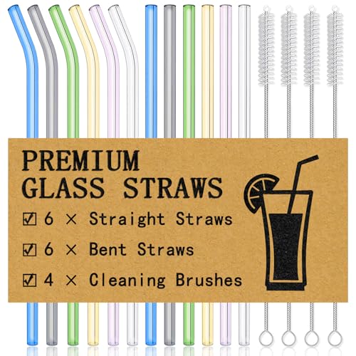 Piteno® 16-Pack Reusable Glass Drinking Straws, 8.5''x10MM, Set of 6 Straight and 6 Bent with 4 Cleaning Brushes, Perfect for Smoothies, Milkshakes, Juice, Tea (Rainbow)