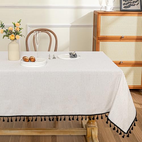 MYSKY HOME Table Cloth 60x102 in Rectangle Table, Cotton Tassel Linen Look Waterproof Tablecloths Farmhouse Tablecloth, Wrinkle Free Table Cover with Black Tassels for Kitchen Dining, Party