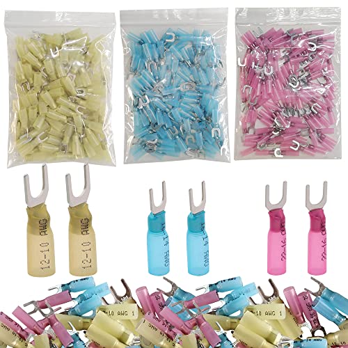 300pcs 22-16 16-14 12-10 AWG Marine Grade Heat Shrink Fork Connectors, ＃10 Tinned Copper Heat Shrink Fork Terminals, Insulated Electrical Spade Crimp Fork Wire Connectors (Mix AWG 22-10)