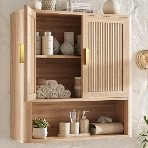 INNOD Bathroom Storage Cabinet, Medicine Cabinet with Adjustable Wood Shelf & Doors, Over The Toilet Storage Cabinet for Laundry Room & Kitchen & Living Room (Natural Oak)