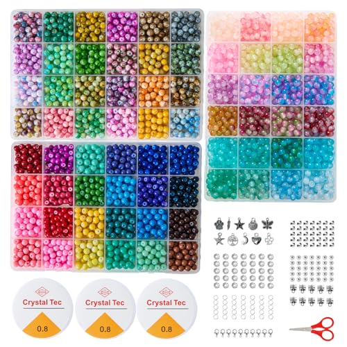ASIMASIKE Glass Beads Kit for Jewelry Making - 3 Box Set 72 Colors, 3000pcs Round Colorful Beads for DIY Bracelet Necklace Earring Keychain, Colorful Glass Beads Bracelet Making Kit - 6mm