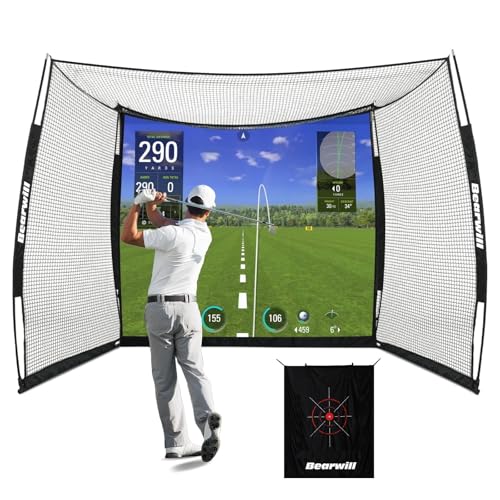 Bearwill Golf Net with Simulator Impact Screen, 11x8ft Golf Practice Net Hitting Net Range Cage, HD Blank Impact Screen and Target Cloth, Simulators Enclosure for Driving Swing, Home Garage Backyard