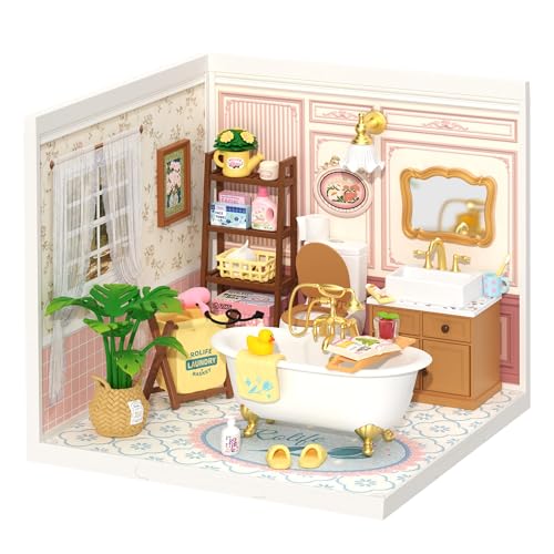 ROBOTIME Super Creator Toy Building Set DIY Miniature House Kit with LED Tiny Room Making Kit Expandable Plastic Craft Toy for Creative Play Home Decor Unique Hobby Gift (Pop Bubble Bathroom)