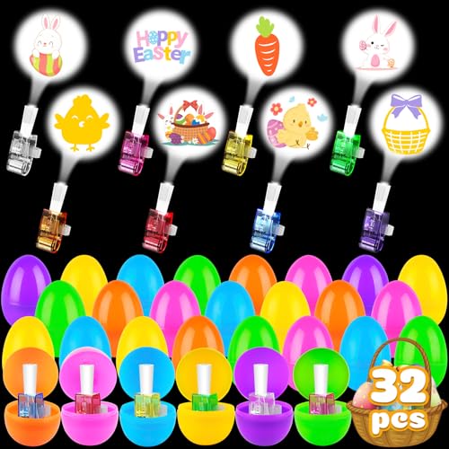 Easter Basket Stuffers - 32 Pack Prefilled Easter Eggs with Finger Projector Lights - Easter Toys Gifts Goodies Bags Prizes for Kids Boys Girls - Glow in The Dark Hunt Egg Fillers Party Favor Supplies