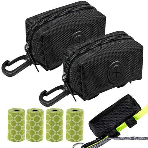 (2 Pack) Dog Poop Bag Holder, Poop Bag Holders for Leashes, CAKOVANO Doggie Waste Bag Dispenser Small Doggy Poop Bag Zipper Pouch with Carabiner Clip with 4 Rolls of Pet Trash Bags, Black