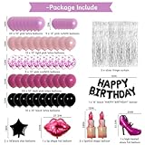 Pink and Black Birthday Decorations for Women Girls, Happy Birthday Decorations 94pcs Hot Pink Happy Birthday Banner Balloons Fringe Curtain Giant Red Lipstick Balloon Bday Party Decor for Her