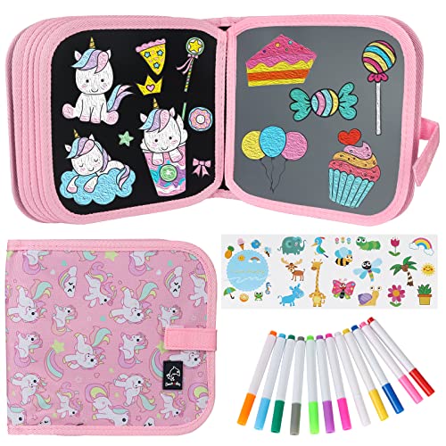 Qrytoi Erasable Book Doodle Set for Kids,Reusable Magic Drawing Book for Kids with 12 Watercolor Pens 14 Page Drawing,Road Trip Car Game Writing Painting Set for Boys and Girls (Pink Unicorn)