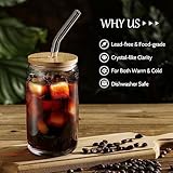 [ 12pcs Set ] Glass Cups with Bamboo Lids and Glass Straw - Beer Shaped Drinking Glasses, 16 oz Iced Coffee Glasses, Cute Tumbler Cup for Smoothie, Boba Tea, Whiskey, Water - 4 Cleaning Brushes