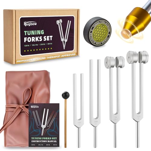 Hugbow Tuning Forks for Healing, Aluminum Alloy Tuning Fork 128Hz, 136.1Hz, 256Hz, 384Hz, Hockey Puck Activator & Gem feet, Weighted & Unweighted Tuning Fork Set with Vegan Leather Pouch
