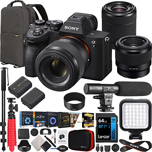 Sony a7 IV Full Frame Mirrorless Camera Body + 2 Lens Kit FE 50mm F1.8 + 28-70mm F3.5-5.6 ILCE-7M4K/B + SEL50F18F | Official Sony USA Partner Model | Bundle with Deco Gear Backpack + Monopod +Battery