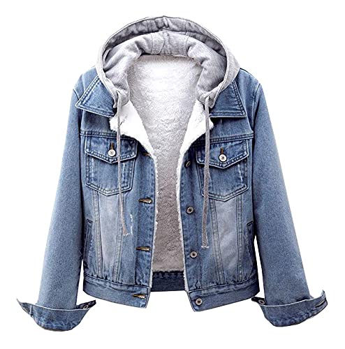 LifeShe Women's Winter Detachable Hoodie Sherpa Fur Fleece Lined Denim Jean Trucker Jacket Coat Light Blue