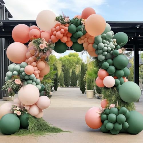 Sage Green Peach Balloon Garland Double Stuffed Dusty Green Blush Pastel Orange Nude Matte Balloon Arch Kit for Baby Bridal Shower Birthday Summer Party Decoration