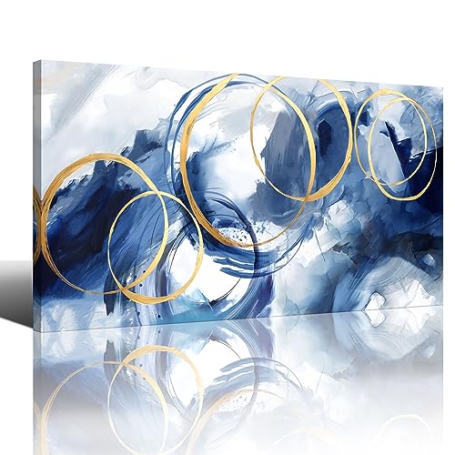 AJAZIKO Blue Abstract Wall Art Modern Art Wall Decor Artwork For Walls Living Room Large Painting Size 20x40 Office Pictures For Wall Navy Gold Contempor Decorations For Bedroom