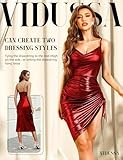 VIDUSSA Women's Sparkly Glitter Dress Cowl Neck Spaghetti Strap Ruched Bodycon Cocktail Party Night Club Midi Dresses Wine Red Medium