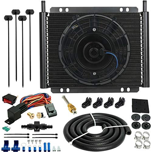 American Volt Aluminum 23 Row Automotive Engine Transmission Oil Cooler 12 Volt Electric Fan 6AN In-Line 180F Turn-On Hose Thermostat Temperature Switch Sensor Wire Kit Light Duty Truck Trailer Towing