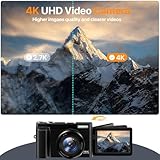 4K Digital Camera for Photography Auto-Focus Vlogging Camera for YouTube Video with 3'' 180° Flip Screen 16X Anti-Shake 4K Camera Compact Cameras with SD Card, Flash, 2 Batteries & Battery Charger