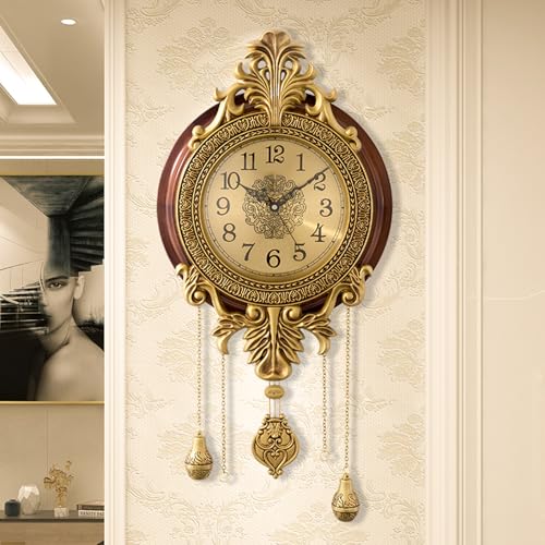 Poserion Large Retro Wall Clock with Swinging Pendulum Royal Line Silent High-end Luxury Metal Wood Mid Century Vintage Style Clock