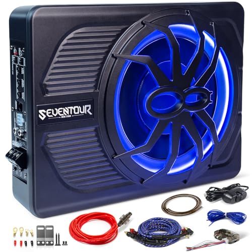 10" Upgrade 800W Slim Under Seat Powered Car Subwoofer, Car/Truck Audio Sub Built in Amplifier amp Combo Package, with Blue LED Light (Subwoofer+Installation Wire Kit)