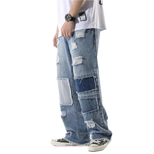 AiLinLinYang Jeans Pants Trouser Denim Men's Versatile Piercing Patch Zipper High Street Beggar Pants(Retro Blue,M)