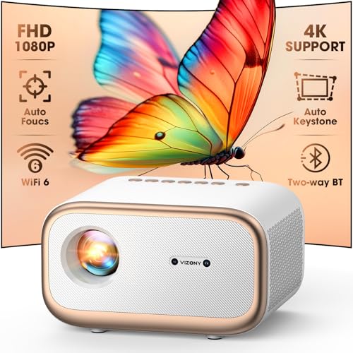 [Auto Focus/Keystone] Mini Projector with WiFi and Two-way Bluetooth, VIZONY Native 1080P Projector 4K Support w/50%Zoom/4P4D, Full Sealed, 450ANSI Portable Home Movie Projector (Gold White)