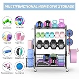 PLKOW Dumbbell Weight Rack, Home Gym Storage for Kettlebells Yoga Mat and Balls, All in One Workout Storage with Wheels and Hooks, Powder Coated Finish Steel