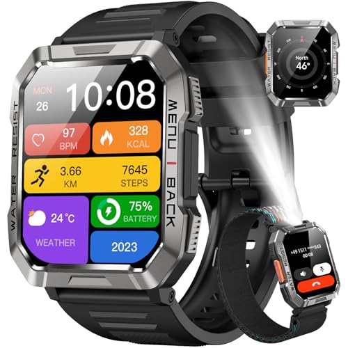 Military Smart Watch for Men(Answer/Make Call), Outdoor Sports Smartwatch with Flashlight/100 Days Battery/Compass/Heart Rate/SpO2/Sleep Monitor/2 Straps, Fitness Tracker for iPhone/Android Phones