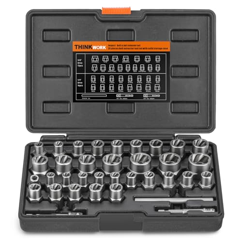 THINKWORK Easy Out Bolt Extractor Kit, 35 PCS Nut Extractor Socket Set, Lug Nut Remover Tool for Damaged, Broken, Rusted, Rounded-Off Bolts, Nuts, Screws