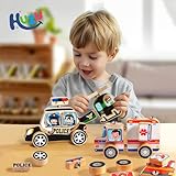 HUZU Emergency Vehicles 3D Puzzle Toy, Rescue Squad Wooden Snap Button Connection Building Blocks for Kids 3-8, Fire Truck Ambulance Police Car Helicopter Montessori Gifts for Preschool Children