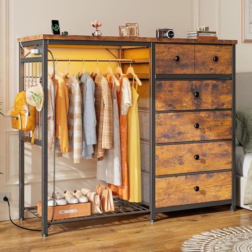 49.2" W Dresser for Bedroom with Hanging Rack 6 Drawers Dresser with LED Lights & Charging Station, Fabric Dressers & Chest of Drawers with Clothes Rack, Wooden Top, Grid Panel, Closet, Rustic Brown