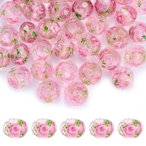 WEWAYSMILE 60 PCS Colorful Floral Lampwork Beads 10mm Gold Sand Faceted Glass Round Loose Beads for DIY Bracelet Necklace Earring Jewelry Making Supplies (Pink)