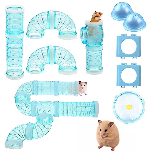 IBEQUEM 2 Hamster Tubes Kits, Hamster Tunnel Adventure External Pipe, Transparent DIY Creative Connection Cage & Accessories, Wheel for Pet Mouse Rat Small Animal (Blue)