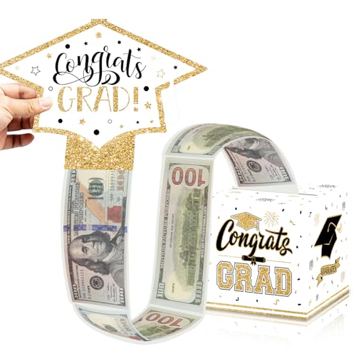 VABAMNA Class of 2025 Graduation Money Box for Cash Gift Pull, Funny Surprise DIY Cash Gift Idea Kit Graduation Money Holder for Boys Girls College High School Congrats Grad Party Favors, White Gold