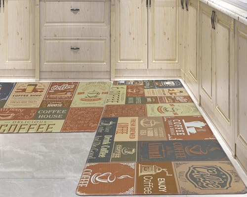 PCSWEET HOME Coffee Kitchen Rug 2 Piece Set, Coffee-themed Kitchen Mats for Floor Anti Fatigue Mats for Kitchen Floor, Farmhouse Kitchen Rugs Non Slip Comfort Standing Mat 17.3"x30"+17.3"x47" Wine Red