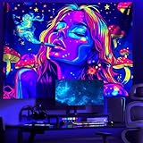 AOHMPT Blacklight Tapestry, Glow In The Dark Tapestry, UV Reactive Cool Girl Tapestry, Mushroom Wonderland Tapestry, Rabbits Wall Hanging for Bedroom, Dorm and Living Room Wall Decoration 59L x 51W