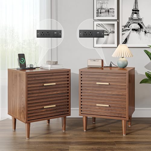 Whalefall Night Stands with Charging Station Set of 2, Mid Century Modern Nightstand, Fluted Bedside Table with Drawer, End Table Bed Side Tables for Bedroom, Accent Tables with Wood Legs, Brown 2pcs