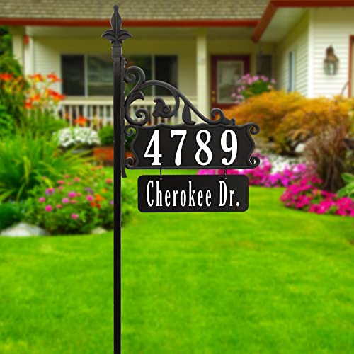 Address America USA Handcrafted Boardwalk Ready To Install Home Address Sign, Customized Name and House Number Plates - Double-Sided, Reflective, Visible 47" Pole - NP
