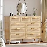 Rovaurx 9 Drawers Dresser for Bedroom, Boho Chest of Drawers with Metal Handles, Wooden Storage Organizer with Rattan Drawers for Closet, Living Room, Hallway, Natural RDG009M