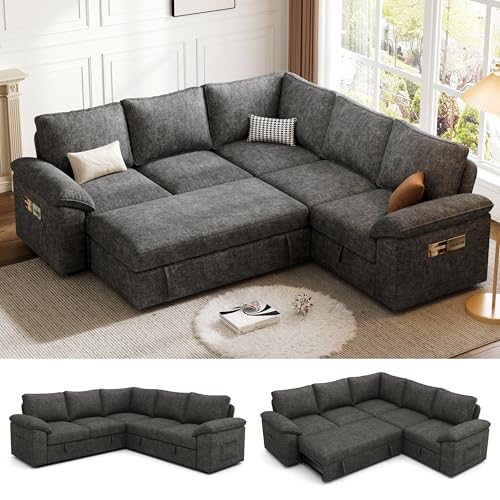 Howjoe 85 Inch Modular Sectional Sofa with Pull Out Bed, L Shaped 5 Seat Sectional Sleeper Sofa with Storage, Sectional Couches for Living Room, Cloud Modular Couch, Removable Sofa Cover, Dark Gray